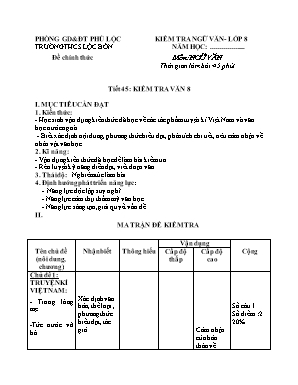 Giáo án Ngữ văn Lớp 8 - Tiết 45 Kiểm tra văn 8 - Trường THCS Lộc Bồn